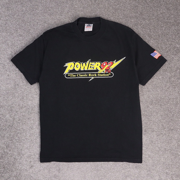 VTG 90s Power 92 Classic Rock Radio Station Large Black Short Sleeve T-Shirt - Picture 1 of 9